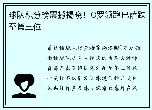 球队积分榜震撼揭晓！C罗领跑巴萨跌至第三位